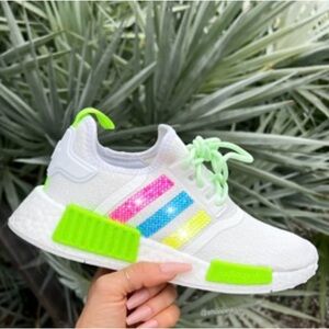 Adidas NMD R1 White Sneakers with custom neon crystals on all 4 logos‎